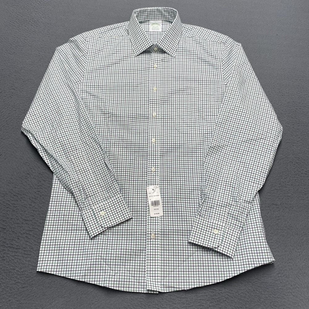 Brooks Brothers Shirt Mens 15.5 34/35 White Check Milano Fit Non Iron Stretch